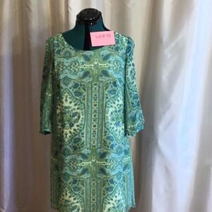 ANNA shift style dress with sheer sleeves